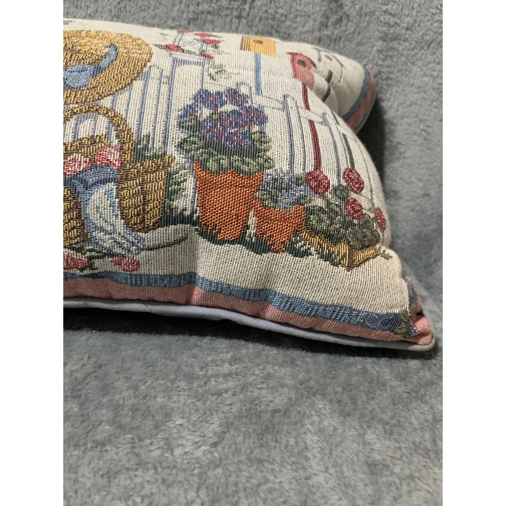 Vtg Garden Tapestry Throw Pillow Birdhouse Sun Hat Floral Accent Blue Cottage